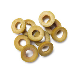 Marinated green olive rings isolated on white, top view