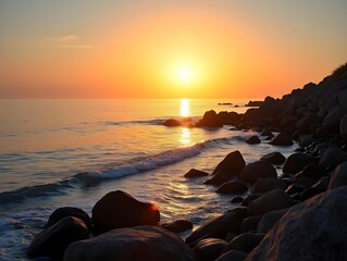 Calm sea at rocky sunset. Golden sunlight reflects on the tranquil water at sunset, highlighting the rocky shoreline and gentle waves.