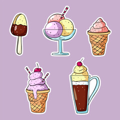 Cute sticker set of ice cream and desserts with white outlines on a purple background. Includes popsicle, scoops, float with cherry, and soft serve cones. Fun and colorful illustrations ideal for plan