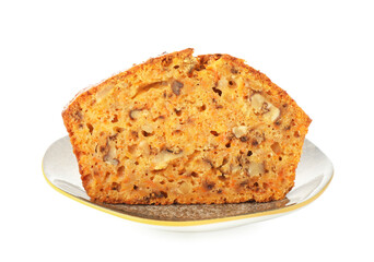 Cut homemade carrot cake with nuts isolated on white