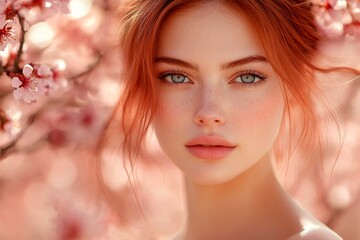 Pretty caucasian young woman surrounded by cherry blossoms. Spring mood, golden hour in sunset. Commercial ad campaign layout. Lively woman in cherry blossoms for promotional photos.