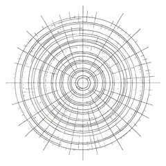 Obraz premium Highly detailed monochrome technical drawing with intricate concentric circles and complex intersecting radial lines.