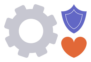 Gear, shield, and heart icon highlighting the harmony of efficiency, protection, and care. Ideal for innovation, service, safety, reliability teamwork trust and simple landing page