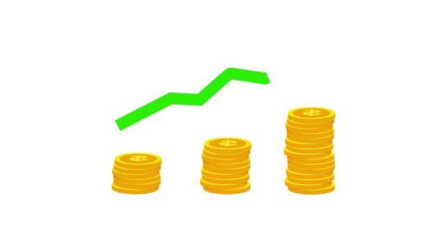 Video animation motion graphic financial growth green arrow and stack of coins concept 2D flat cartoon stock footage 4K high quality