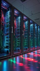 Server room with a modern data center filled with advanced technology