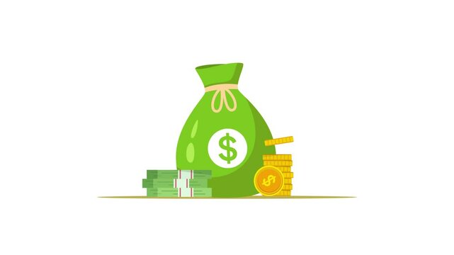 Video animation motion graphic money bag with dollar sign and coins concept 2D flat cartoon stock footage 4K high quality