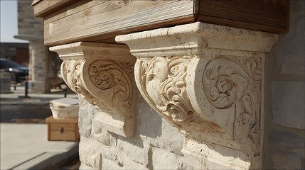 Two carved supports are affixed to a wall. The supports have swirls and carvings in the surface. A wooden beam sits on top of them.