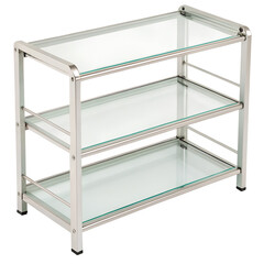 Three tiered shelf with metal frame and shelves on transparent background