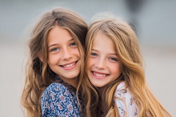 Fototapeta premium Two smiling girls with long flowing hair, posing together with blue eyes.