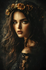 beautiful woman with floral crown, antique painting style, textured canvas background, dark aesthetic with faded white highlights