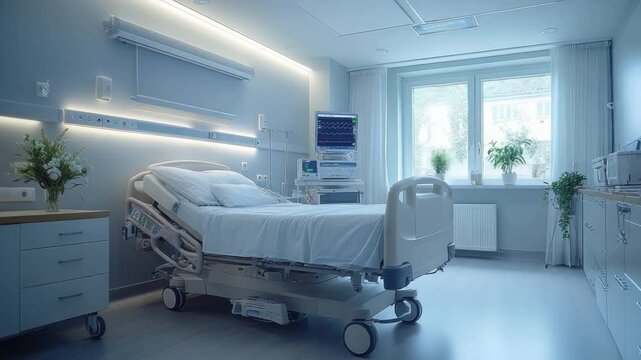 Hospital Room Serenity: A pristine hospital bed, freshly made and inviting, sits in a modern, calming hospital room, bathed in soft light. The room is clean and inviting.