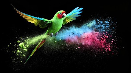 Vibrant parrot in flight, surrounded by colorful powder explosion.