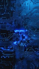 A detailed close-up of a modern circuit board in shades of blue, showcasing intricate technological pathways and components