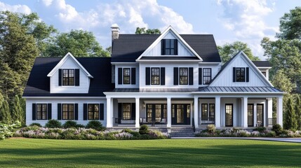Elegant Exterior Of A Modern Farmhouse With Black Shutters & Roof, Surrounded By Lush Greenery Under A Partly Cloudy Sky.