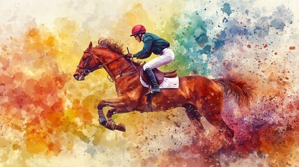 Vibrant Horseback Riding Jockey Watercolor Illustration
