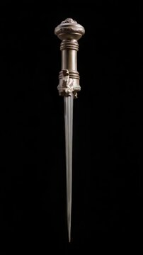 Ornate dagger with metallic hilt and silver blade against a dark background, antique weapon with decorative details for fantasy concepts.