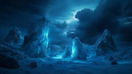 Fototapeta premium Icy Peaks with Bioluminescent Glow, Fantasy Landscape for Game Design