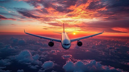 A dramatic aerial view of an airplane soaring through vibrant, colorful clouds during a sunset.