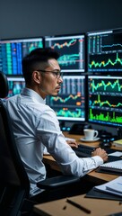 Fototapeta premium A focused trader monitoring financial data on multiple screens, analyzing market trends and statistics