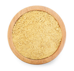 Dry ginger powder in bowl isolated on white, top view