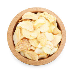 Dried garlic in bowl isolated on white, top view