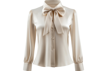 Elegant cream satin blouse long sleeves stylish neck bow luxurious fabric perfect office wear