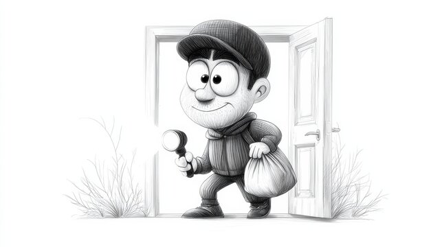 Illustrative Line Art of a Humorous Burglar Exiting a Door with a Bag in Hand