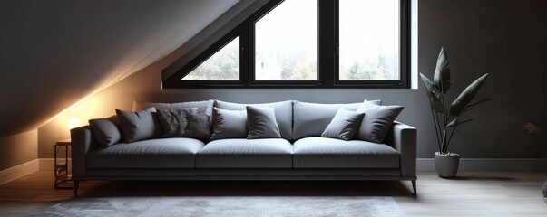 A modern living room interior showcasing a comfortable gray sofa