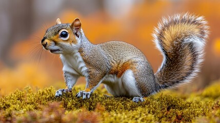 Obraz premium A cute squirrel stands on moss, paws raised playfully, with a whimsical background of soft bokeh.