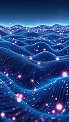 Obraz premium An abstract and artistic depiction of a flowing, undulating landscape illuminated by a network of vibrant, glowing particles. The image creates a mesmerizing effect of a digital universe or network