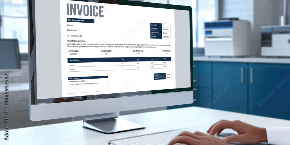 Poster invoice on computer screen from accounting application. computer program for financial and budget of