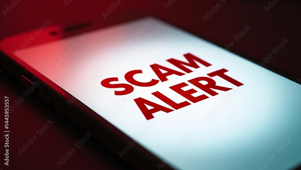 Poster a smartphone screen displaying a bold 'scam alert' message in red, warning users about potential fra