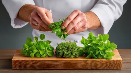 Fresh Herbs on Cutting Board with Chef Hands Preparing Ingredients