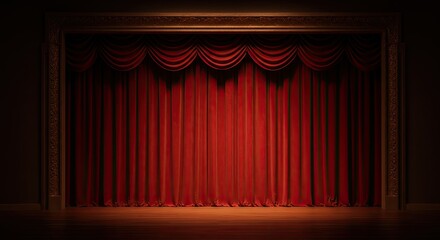 Grand Theatrical Stage with Red Curtain and Ornate Proscenium Arch

