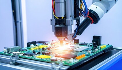 Automated Precision: A close-up captures a state-of-the-art robotic arm meticulously assembling a circuit board, symbolizing the technological advancements of modern industry and automation.