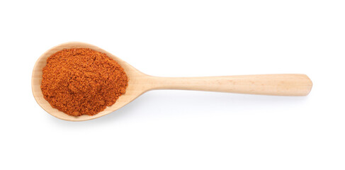 Aromatic paprika powder in wooden spoon isolated on white, top view