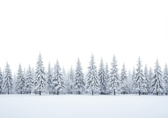 Fototapeta premium Snow Covered Pine Forest Winter Scene - A picturesque row of snow-laden pine trees against a bright white background. Ideal for winter holiday or seasonal designs