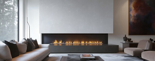 A modern living room showcasing a built in linear fireplace