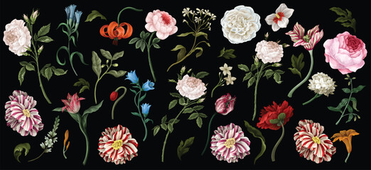 Big set oil painting rococo still-lifes flowers isolated. Vector.
