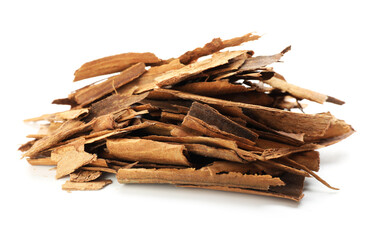 Pile of aromatic cinnamon isolated on white