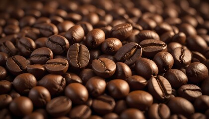 Fototapeta premium Aromatic roasted coffee beans filling the frame, perfect for coffee lovers and culinary projects.