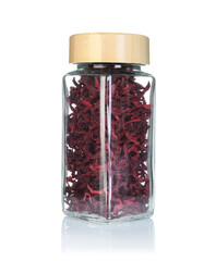 Dried beetroots in spice jar isolated on white