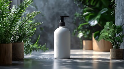Minimalist white bottle in a green indoor garden setting with soft natural lighting