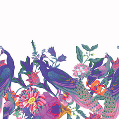 Seamless pattern with peacock and painting rococo still-lifes flowers. Vector.