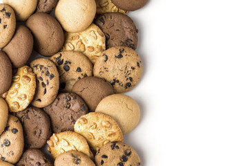 Set of different round cookies on white background with copy space, place for text.