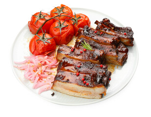 Delicious spare ribs, onion and sun dried tomatoes isolated on white