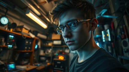 Fototapeta premium Intellectual Young Man in Glasses in Basement Electronics Workshop
