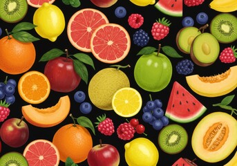 Vibrant Fruit and Berry Delight - A colorful pattern of fresh fruits and berries, perfect for healthy eating themes. Juicy oranges, grapefruits, and more!