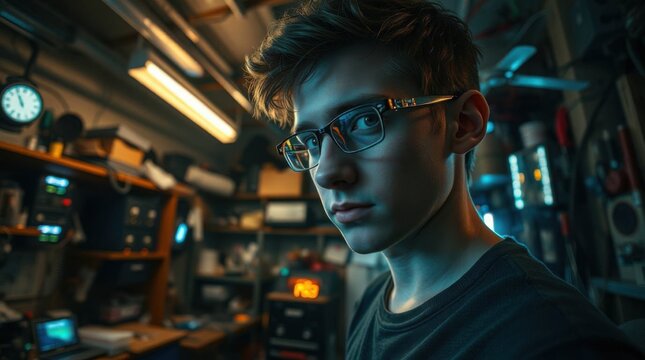 Intellectual Young Man in Glasses in Basement Electronics Workshop