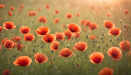 Fototapeta premium A beautiful field of red poppies in full bloom, bathed in the golden sunlight of a summer day.